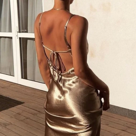 Gold backless Slip Dress - Picture 1 of 15